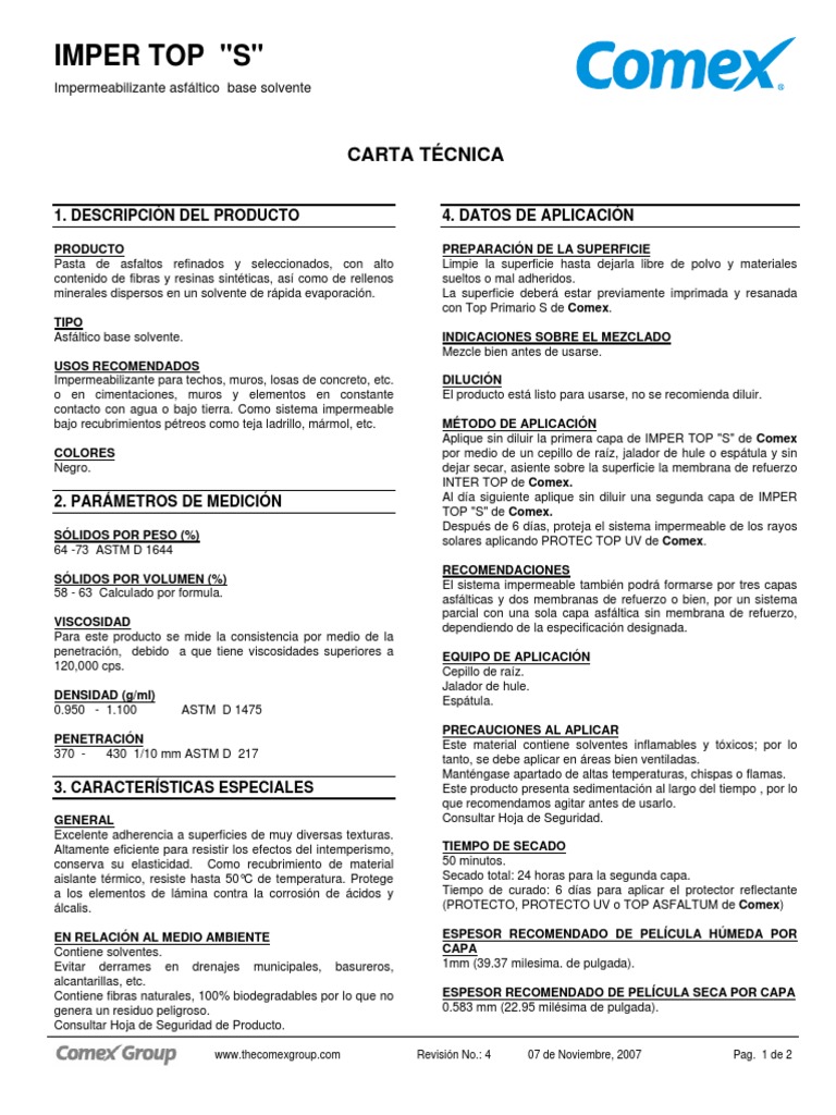 Impermeabilizante Asfáltico Comex IMPER TOP S | PDF | Solvente | Materiales