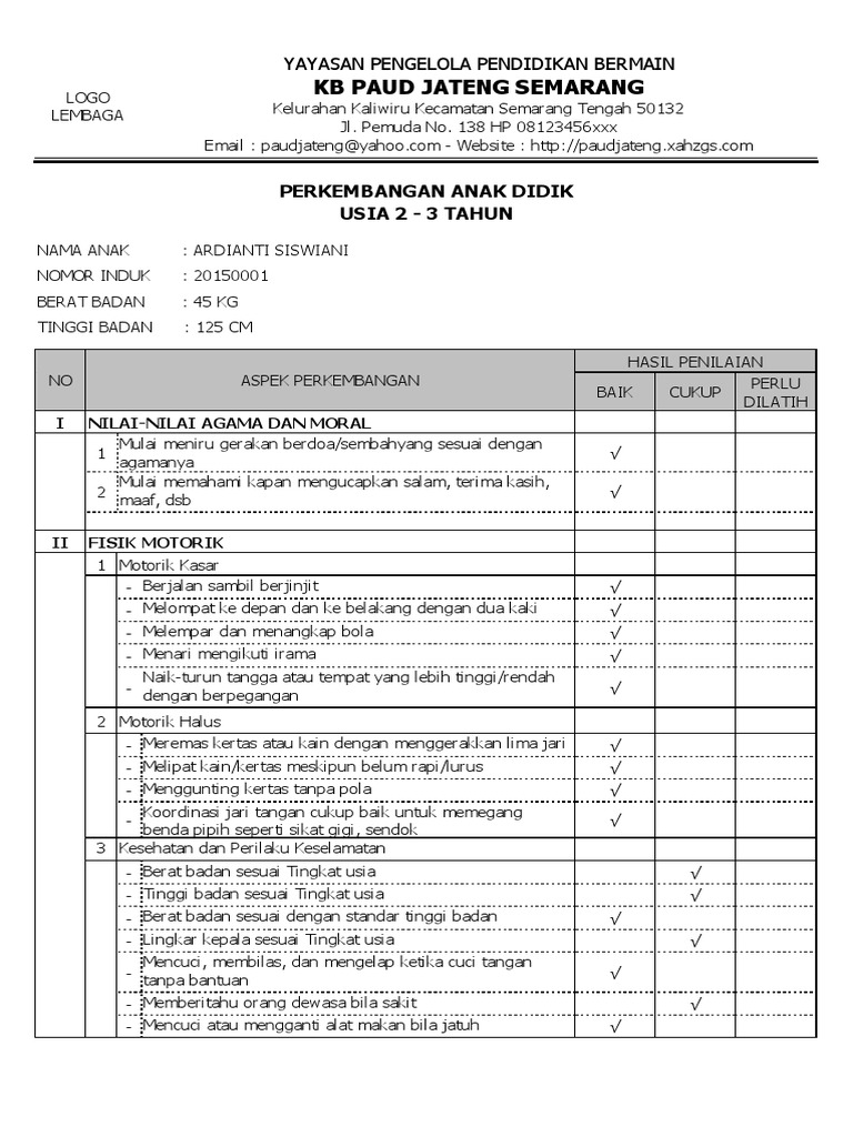 C 20 Contoh Raport Paud Otomatis Kb Tpa 2 3 Thn