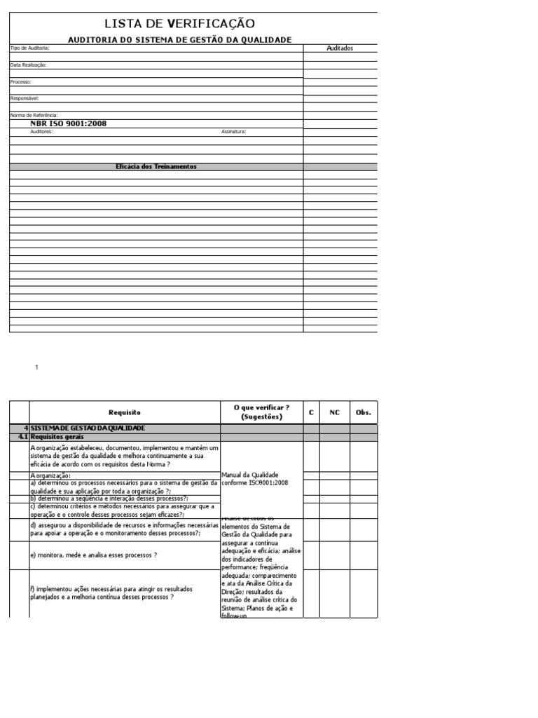 Check List de Auditoria Interna ISO 9001 | PDF | Qualidade (negócios ...