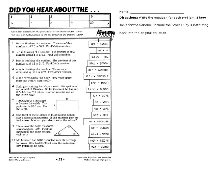 Equations Pizzazz Puzzle PDF