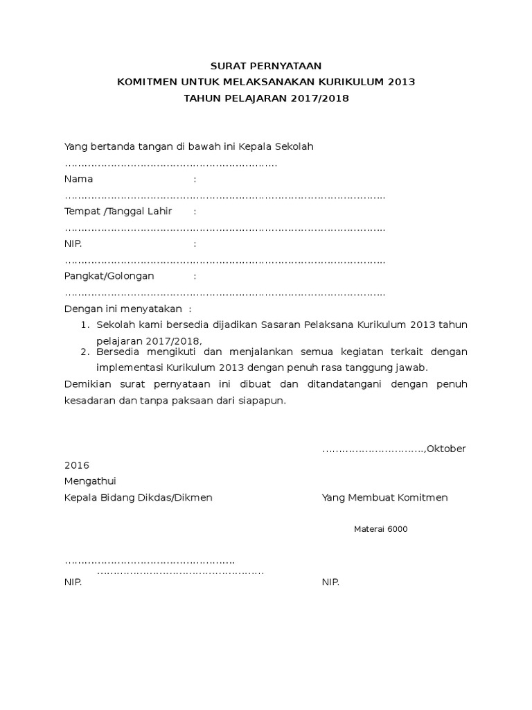 Surat Pernyataan Melaksanakan Kurtilas Tp 2017 2018 Pdf