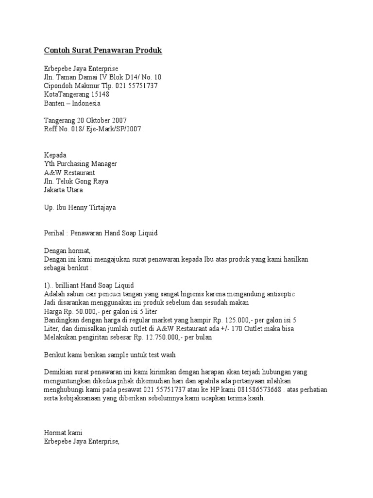 Contoh Surat Penawaran Barang Elektronik Full Block Style