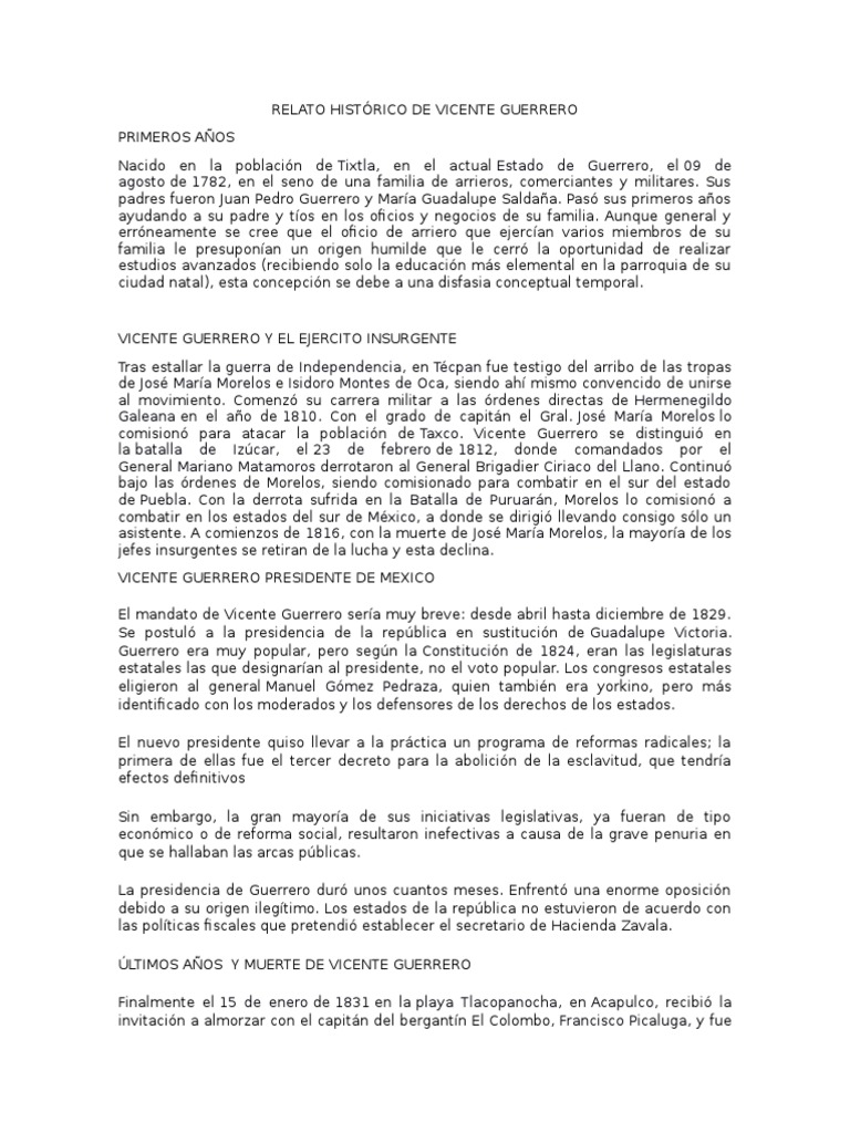 Relato Histórico de Vicente Guerrero México Rebeliones