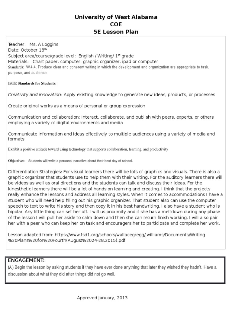University of West Alabama COE 5E Lesson Plan: Standards | PDF ...
