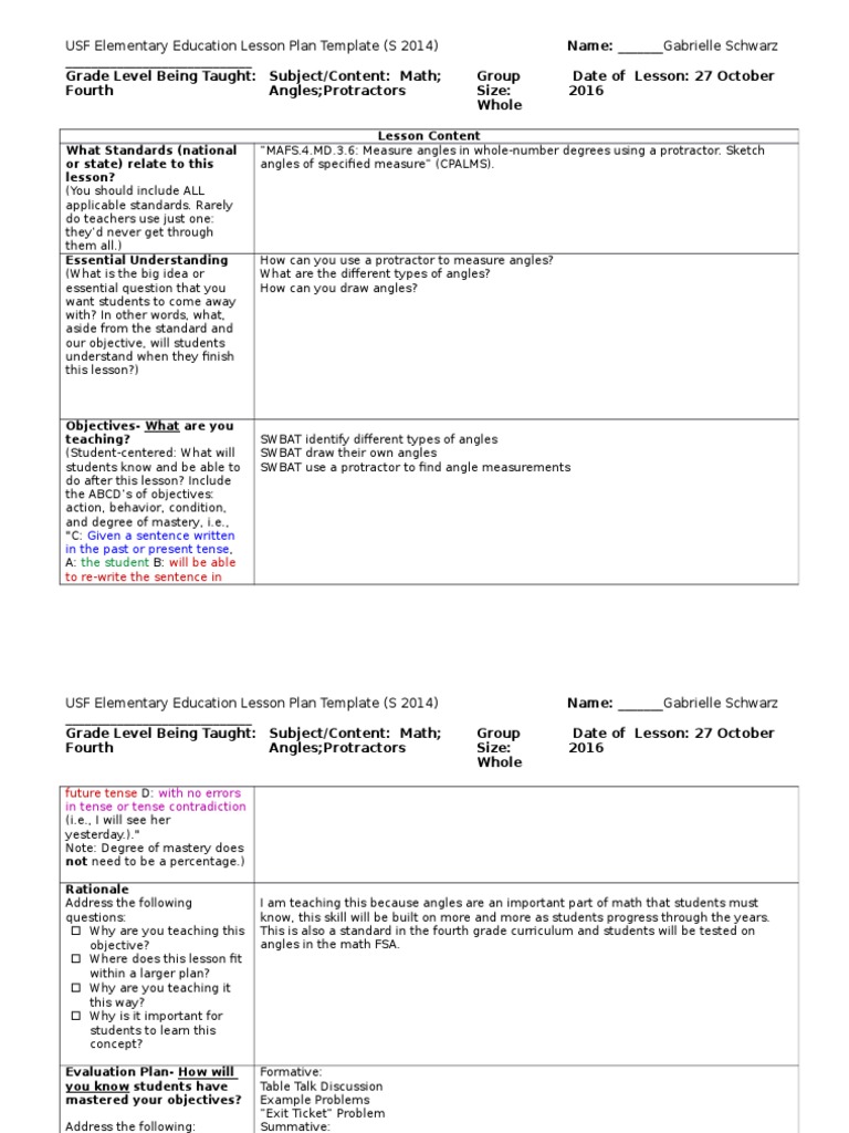 USF Elementary Education Lesson Plan Template (S 2014) | PDF | Wellness