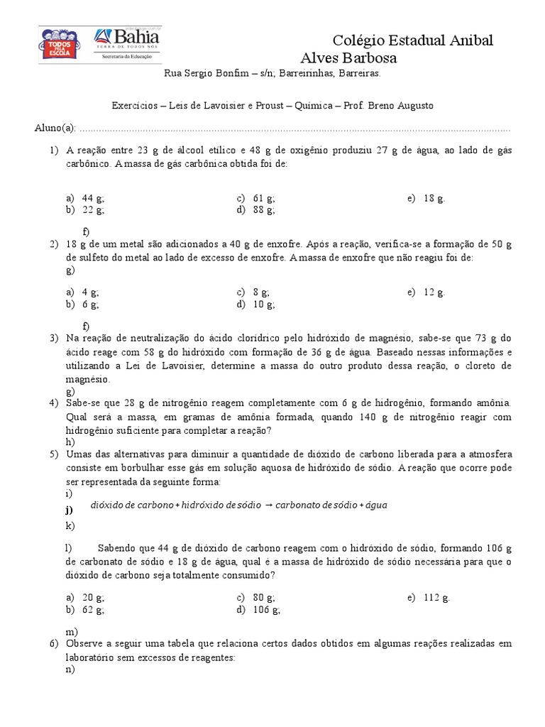 Exercícios sobre Leis de Lavoisier e Proust | PDF | Enxofre | Oxigênio