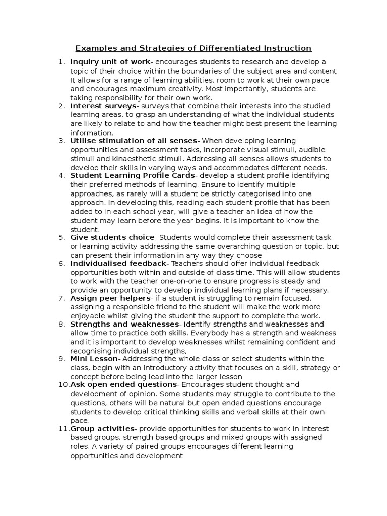 Examples and Strategies of Differentiated Instruction | PDF ...