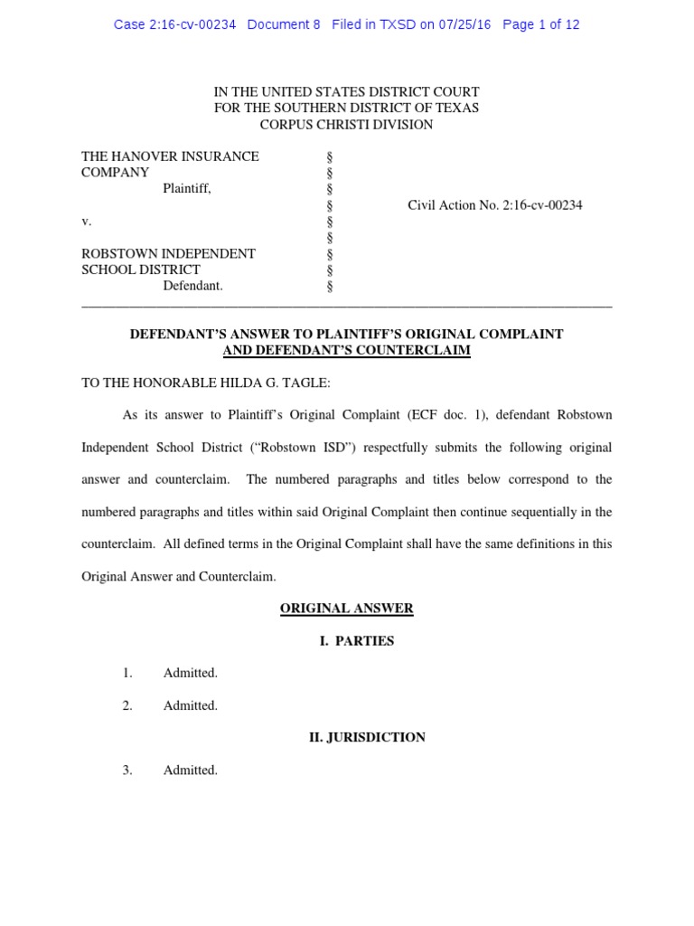 Robstown Response To Hanover Complaint | PDF | Surety Bond ...