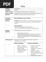 Energy Lesson Plan and Rubric