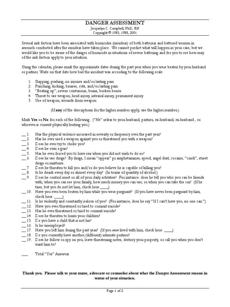 Danger Assessment | Domestic Violence | Violence