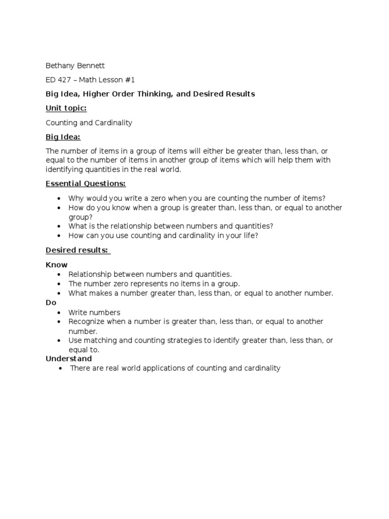 Counting & Cardinality Lesson Plan | PDF | Self-Improvement | Wellness