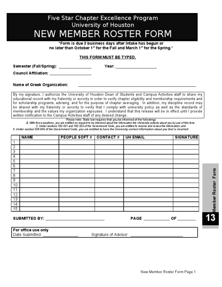 New Member Roster Form: Five Star Chapter Excellence Program University ...