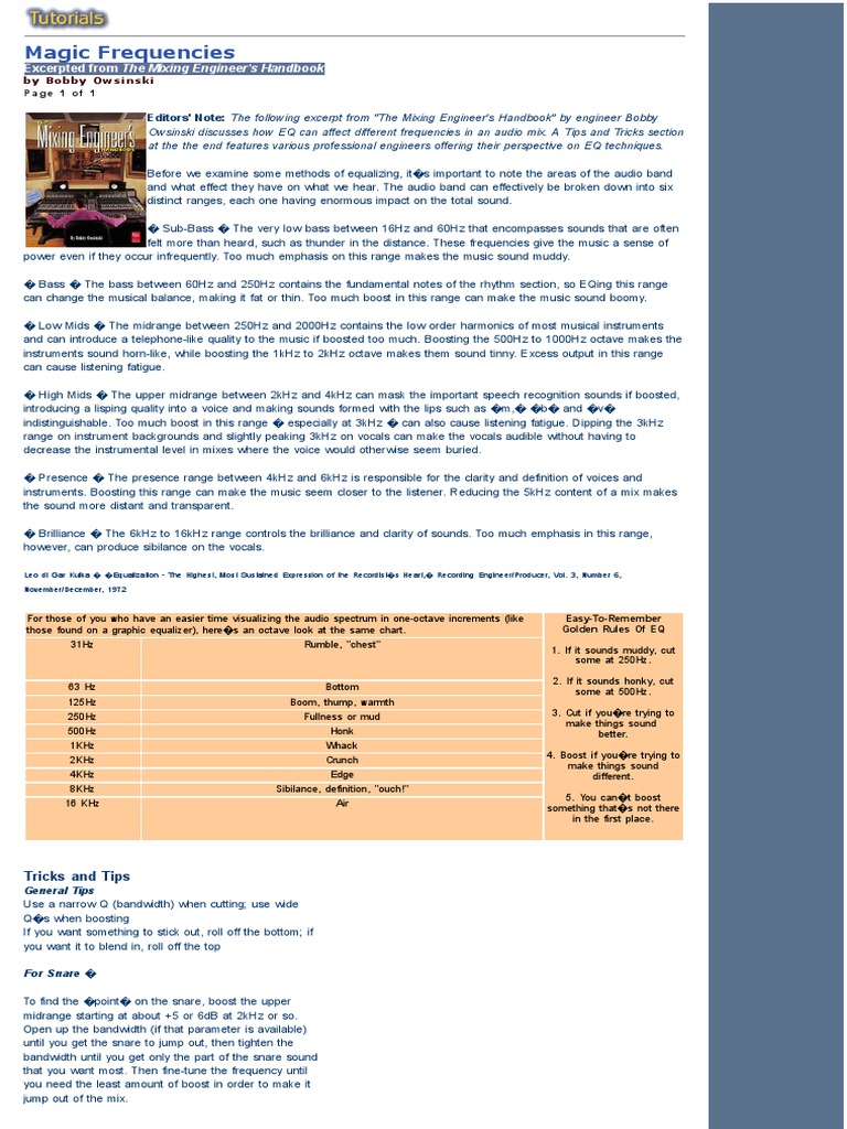 Magic Frequencies Equalization (Audio) Audio Engineering