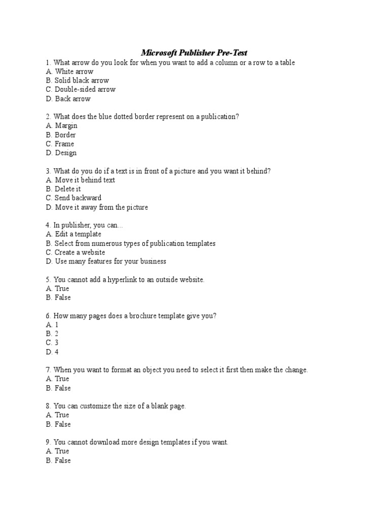 Microsoft Publisher Pre-Test Questions | PDF | Career & Growth | Computers