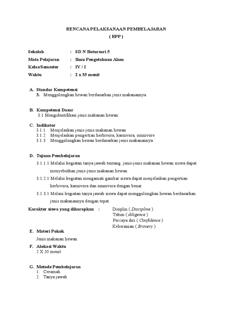 Rpp Kelas 4 Penggolongan Hewan