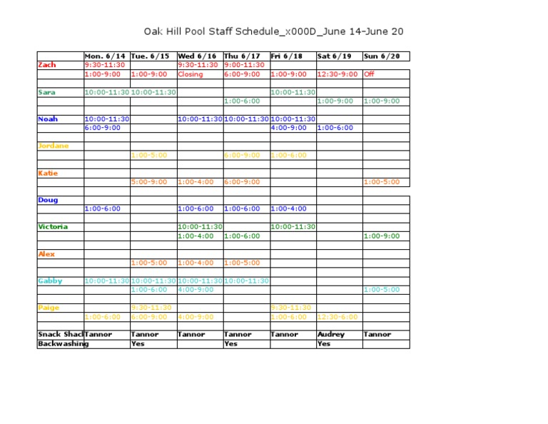 Oak Hill Pool Staff Schedule - x000D - June 14-June 20 | PDF