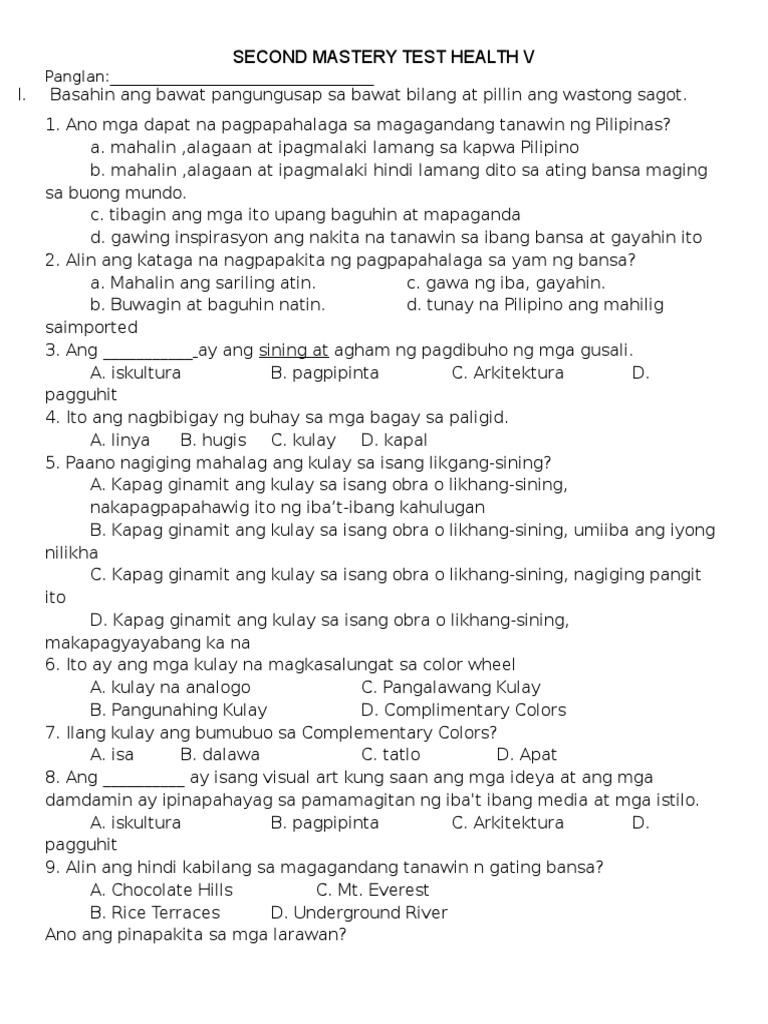 2nd Mastery Test Arts V | PDF