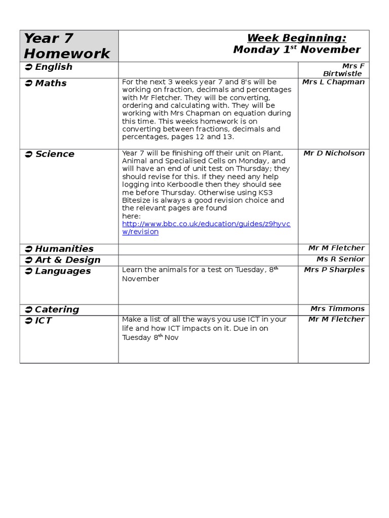Homework Year 7 | PDF