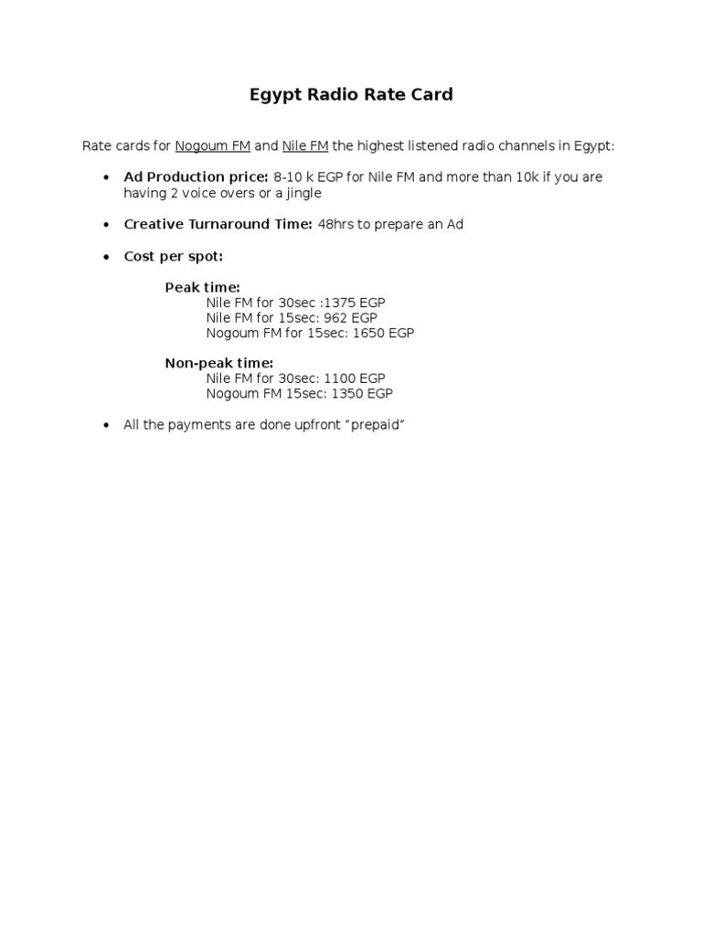 Radio Rate Card - Egypt | PDF