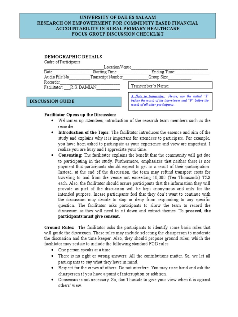 FGD Guide Shumbusho | Download Free PDF | Facilitator | Focus Group