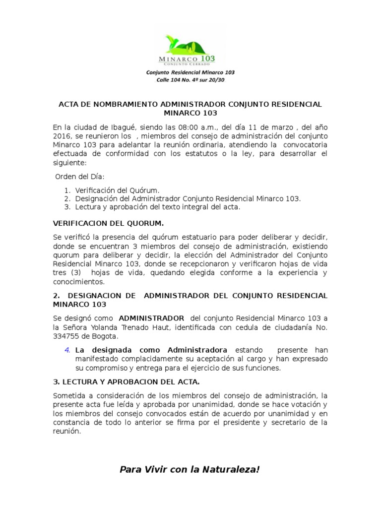 Acta de Nombramiento Administrador Conjunto Residencial Minarco 103 | PDF