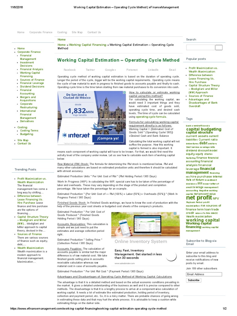 Working Capital Estimation Operating Cycle Method