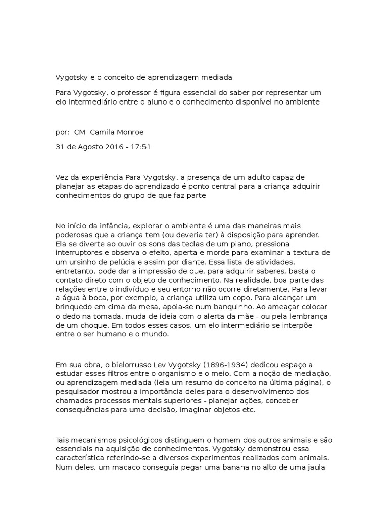 Mediação na Aprendizagem Segundo Vygotsky | PDF | Aprendizado | Ciência ...