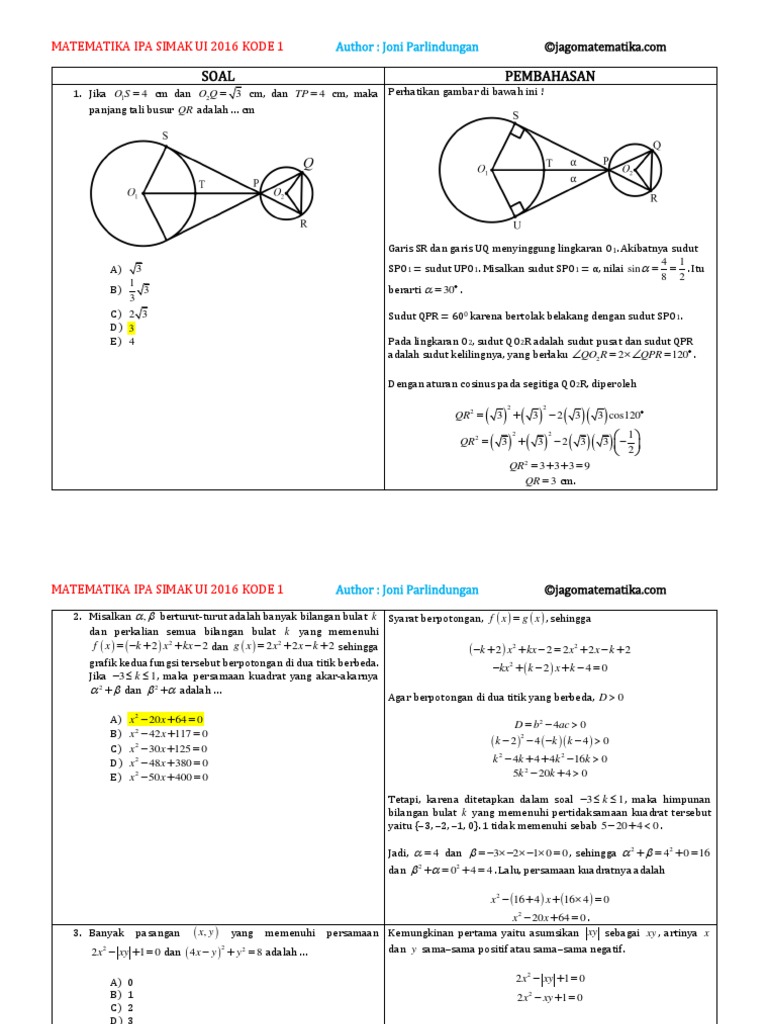 Pembahasan Soal Matematika IPA SIMAK UI 2016 Kode 1