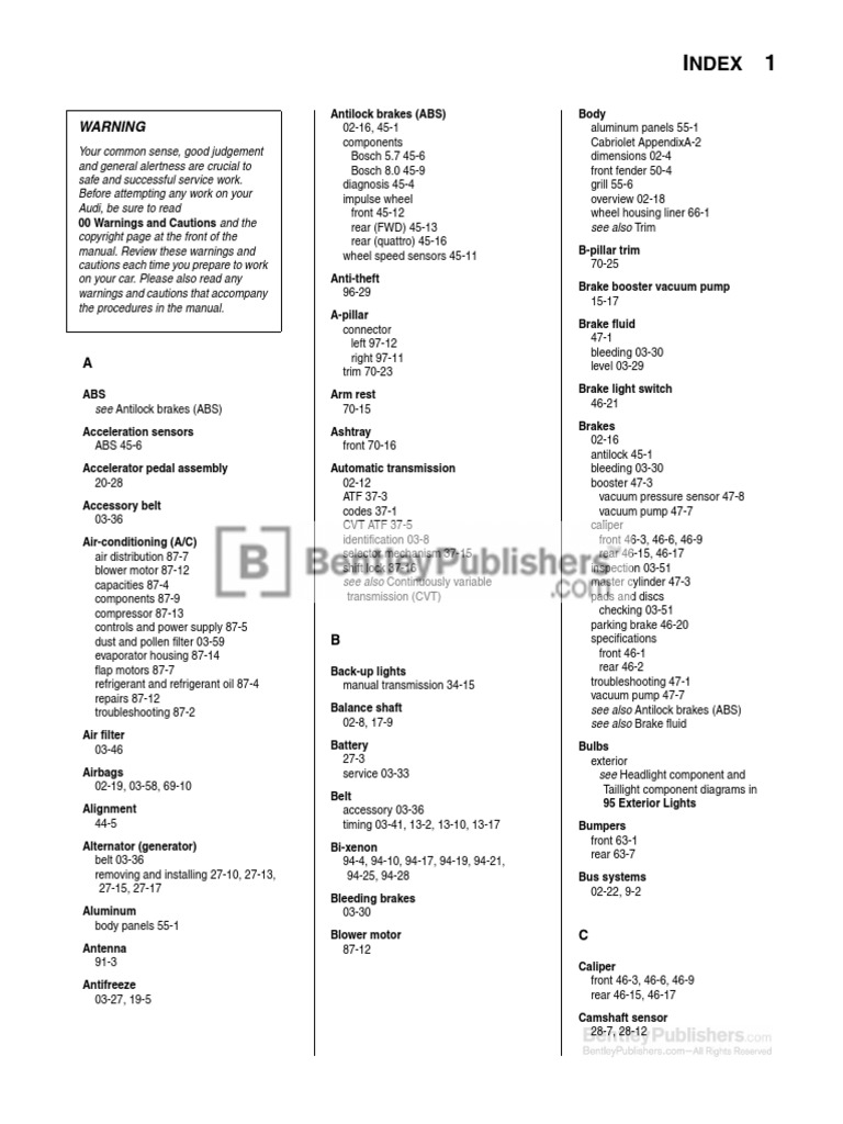 Audi A4 B6 B7 Service Manual 2002 2008 Complete Index PDF | PDF