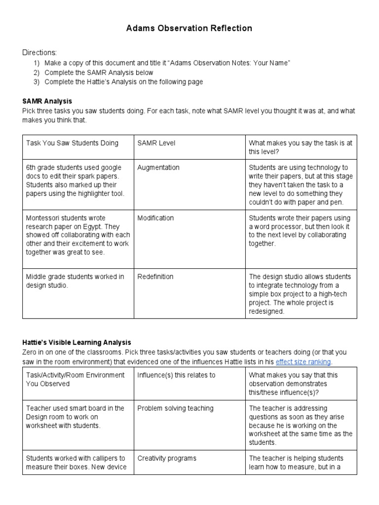 Adams Observation Reflection Directions PDF