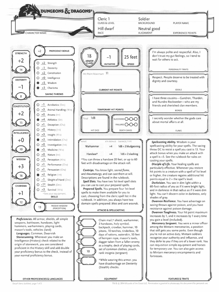 D&D 5e Premade Character Sheets PDF Dungeons & Dragons