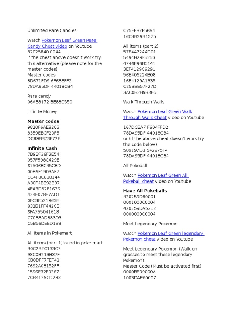 Pokemon LeafGreen Version Cheats | PDF | Pokémon | Japanese Games