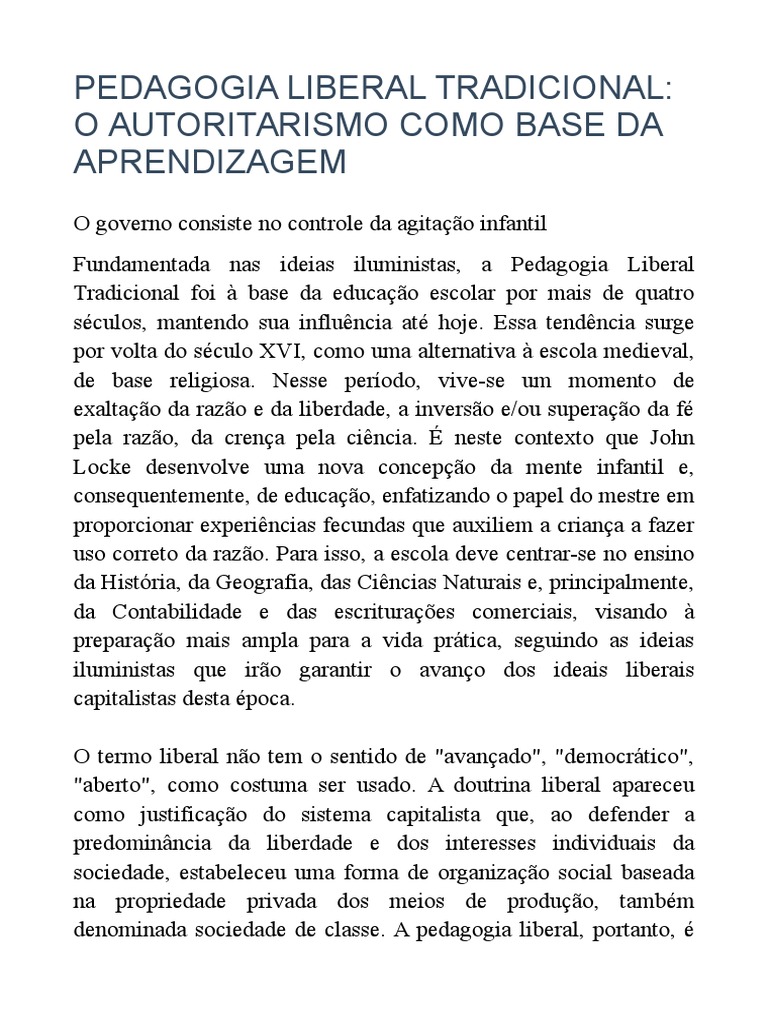 Pedagogia Liberal Tradicional e Aprendizagem | PDF | Liberalismo ...