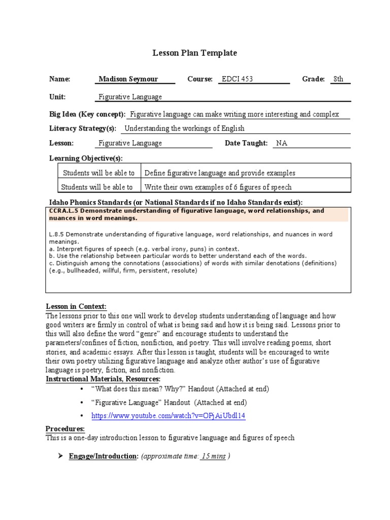 8th Grade Figurative Language Lesson Plan | PDF | Word | Understanding