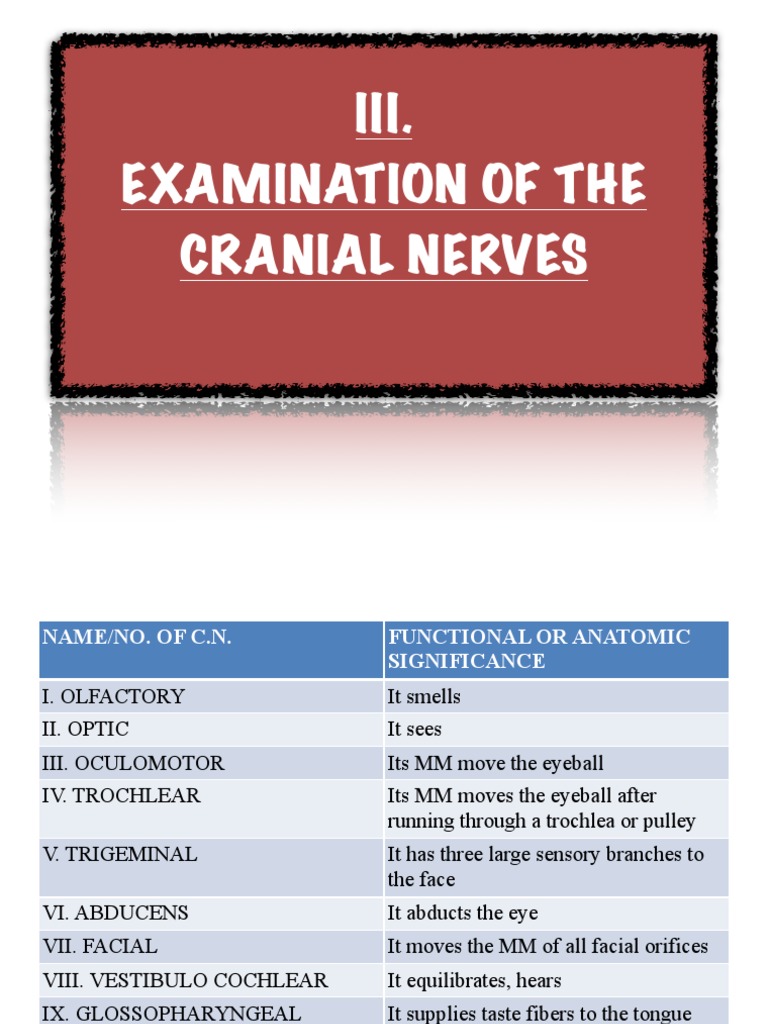 Iii. Examination of The Cranial Nerves | PDF | Neuroanatomy | Neurology