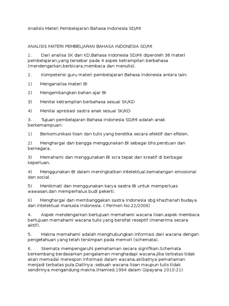 Analisis Materi Pembelajaran Bahasa Indonesia Sd Pdf