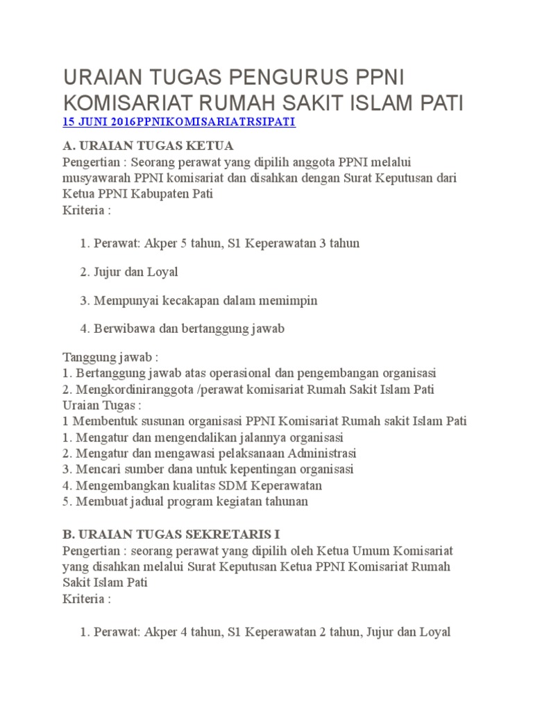 Uraian Tugas Pengurus Ppni Komisariat Rumah Sakit Islam
