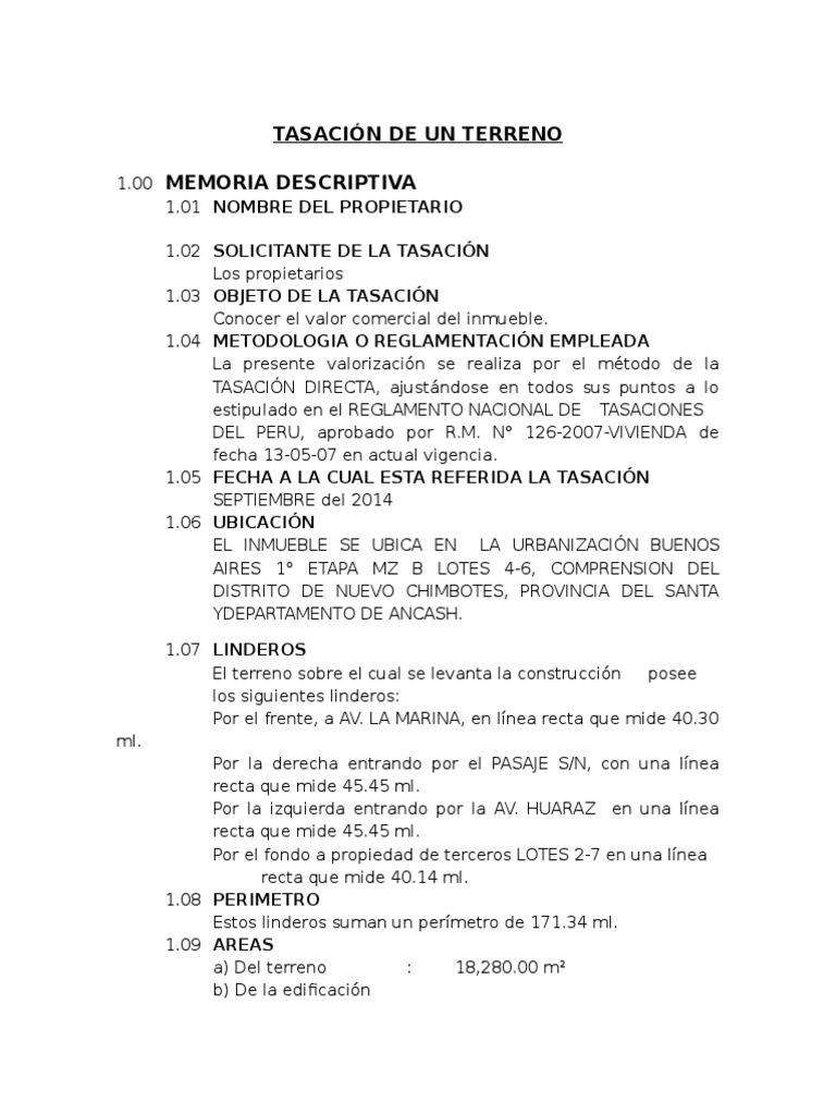 Modelo de Informe de Una Tasacion Nº 01 Materiales de construcción Ingeniería de Edificación