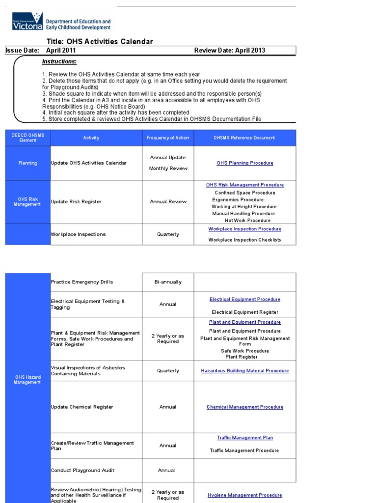 OHS Activities Calendar 2011 | PDF | First Aid | Occupational Safety ...