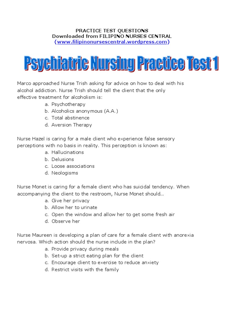 Psychiatric Nursing Practice Test 1 Anxiety Disorder Psychological