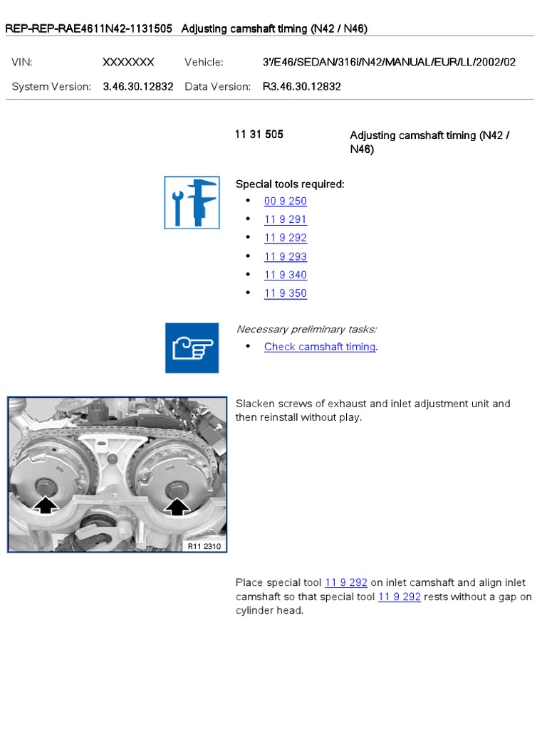 N42/N46 Engine Camshaft Timing Guide | PDF | Screw | Systems Engineering