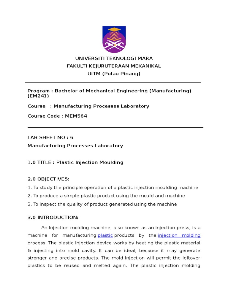Plastic Injection Moulding Lab Guide | PDF | Industrial Processes | Plastic