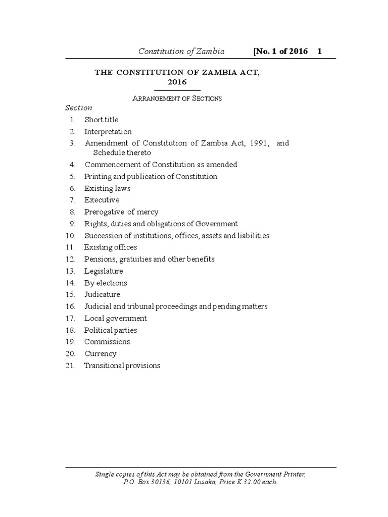 Constitution of zambia act no 1 of 2016 pdf constitutional