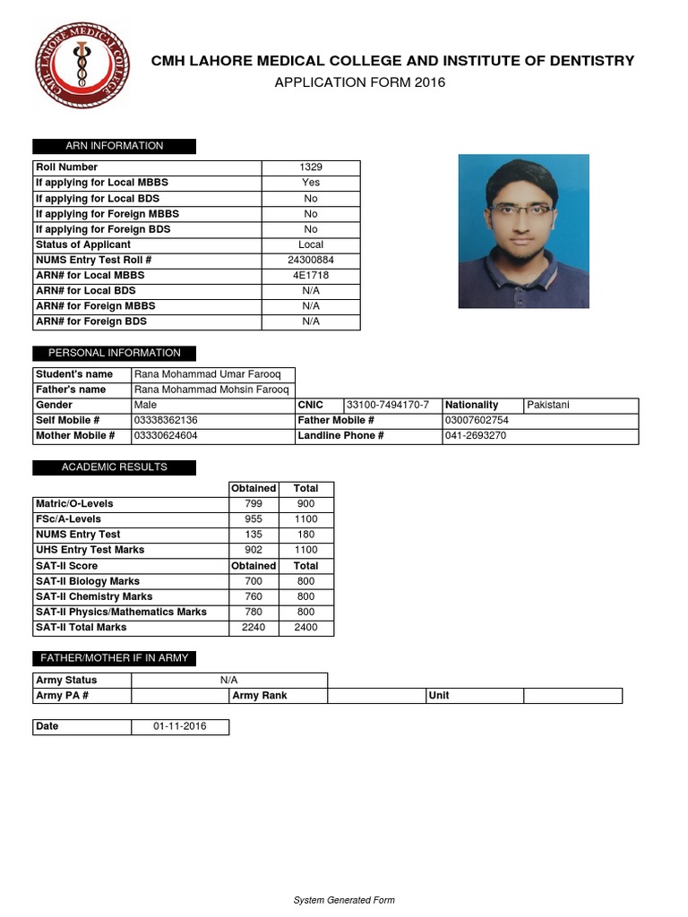 CMH Lahore Medical College and Institute of Dentistry Application Form