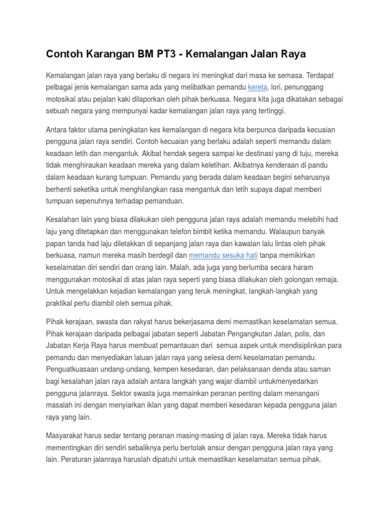 Contoh Karangan Bm Pt3 Kemalangan Jalan Raya