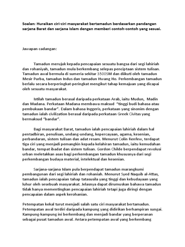 Ciri Ciri Masyarakat Bertamadun Berdasarkan Pandangan Sarjana Barat Dan Sarjana Islam Dengan Beberapa Contoh Yang Sesuai Pdf