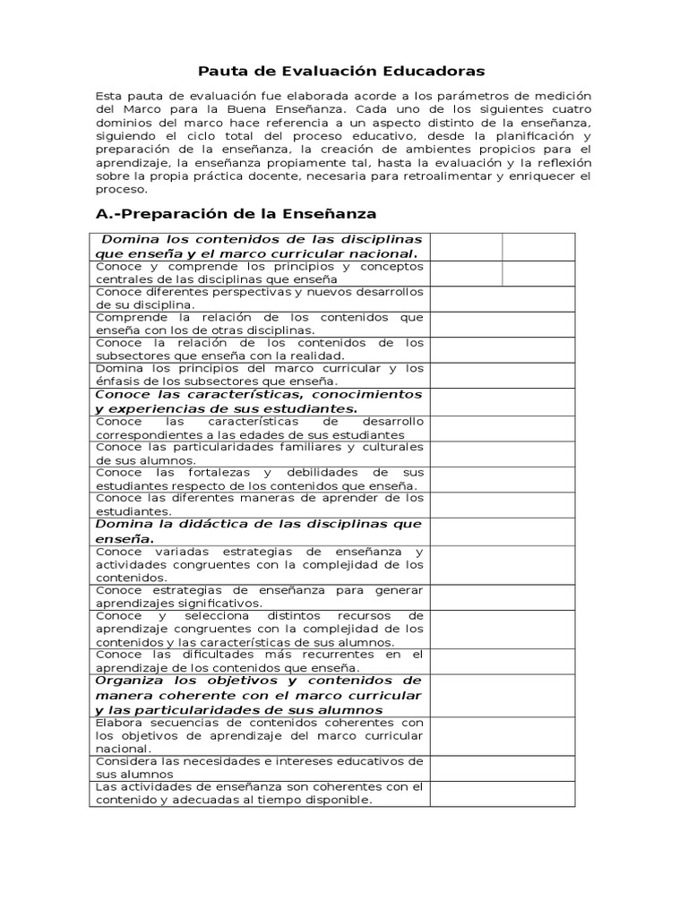 Pauta de Evaluación para Educadoras | PDF | Aprendizaje | Evaluación