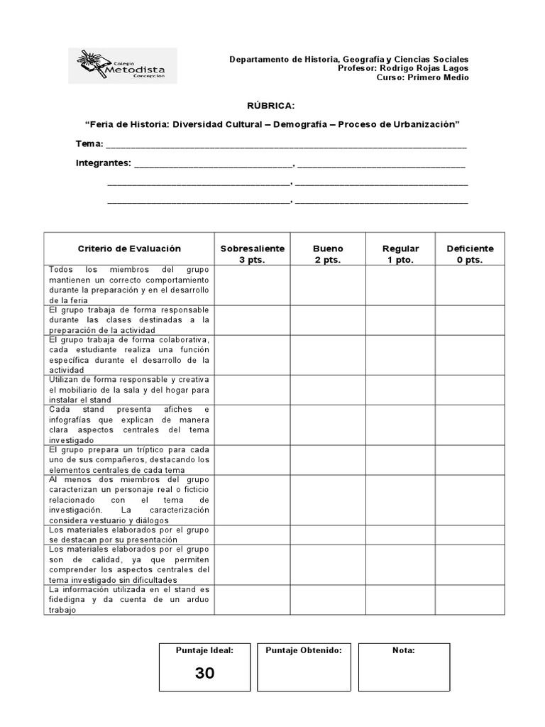 Rúbrica para Feria de Historia 1° Medio | PDF | Demografía | Science