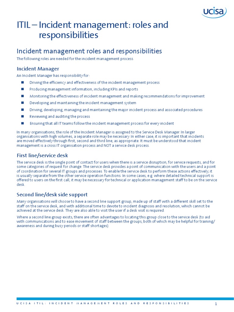Itil Im Roles And Responsibilities Pdf Incident Management Itil
