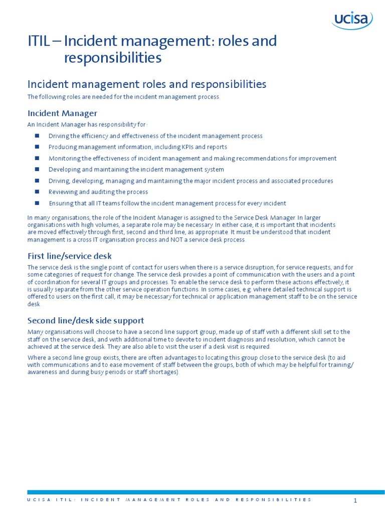 Itil Im Roles And Responsibilities Pdf Incident Management Itil